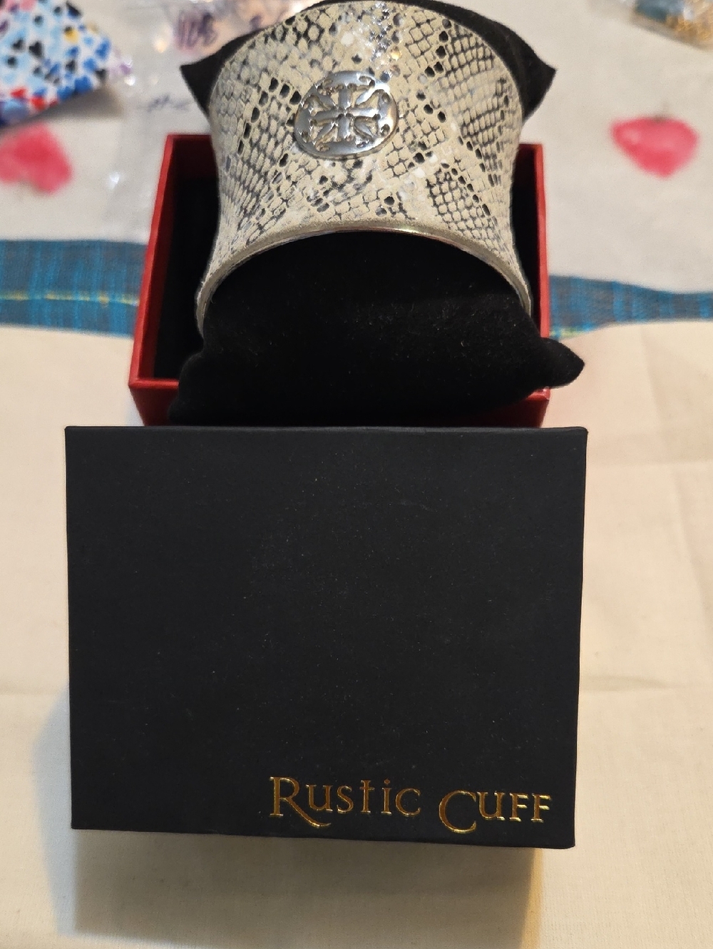Rustic Cuff White and Black Snake-Print Cuff Bracelet with Silver Medallion